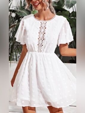 SHEIN White Pom Pom Flutter Sleeve Mini Dress